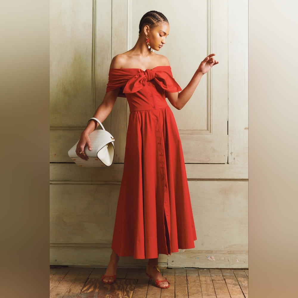 ^□$2,990 NEW OSCAR DE LA RENTA  RED BIG BOWRUNWAY MIDI DRESS US 8